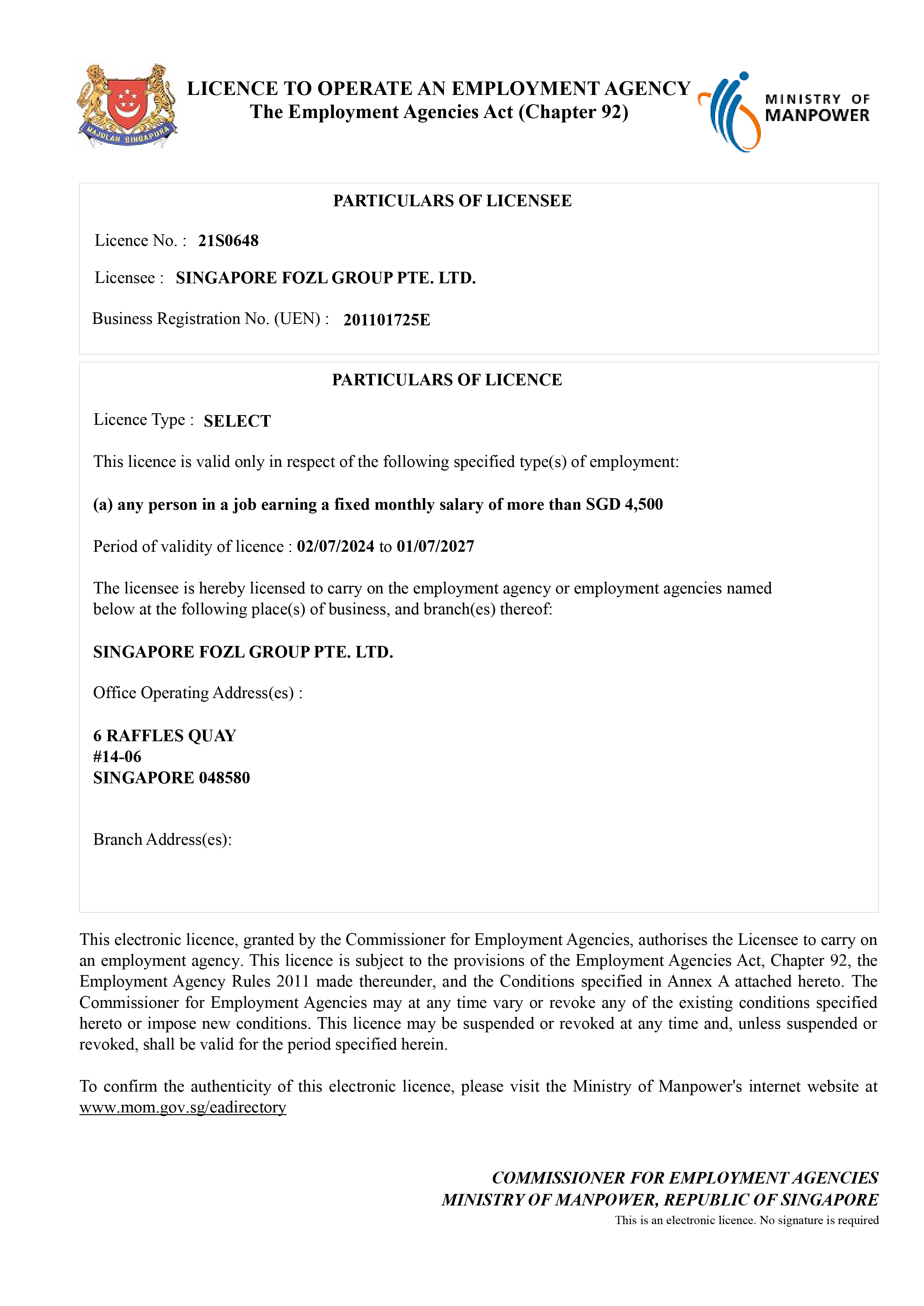 新加坡人力部的人力资源顾问执照(工作准证申请)