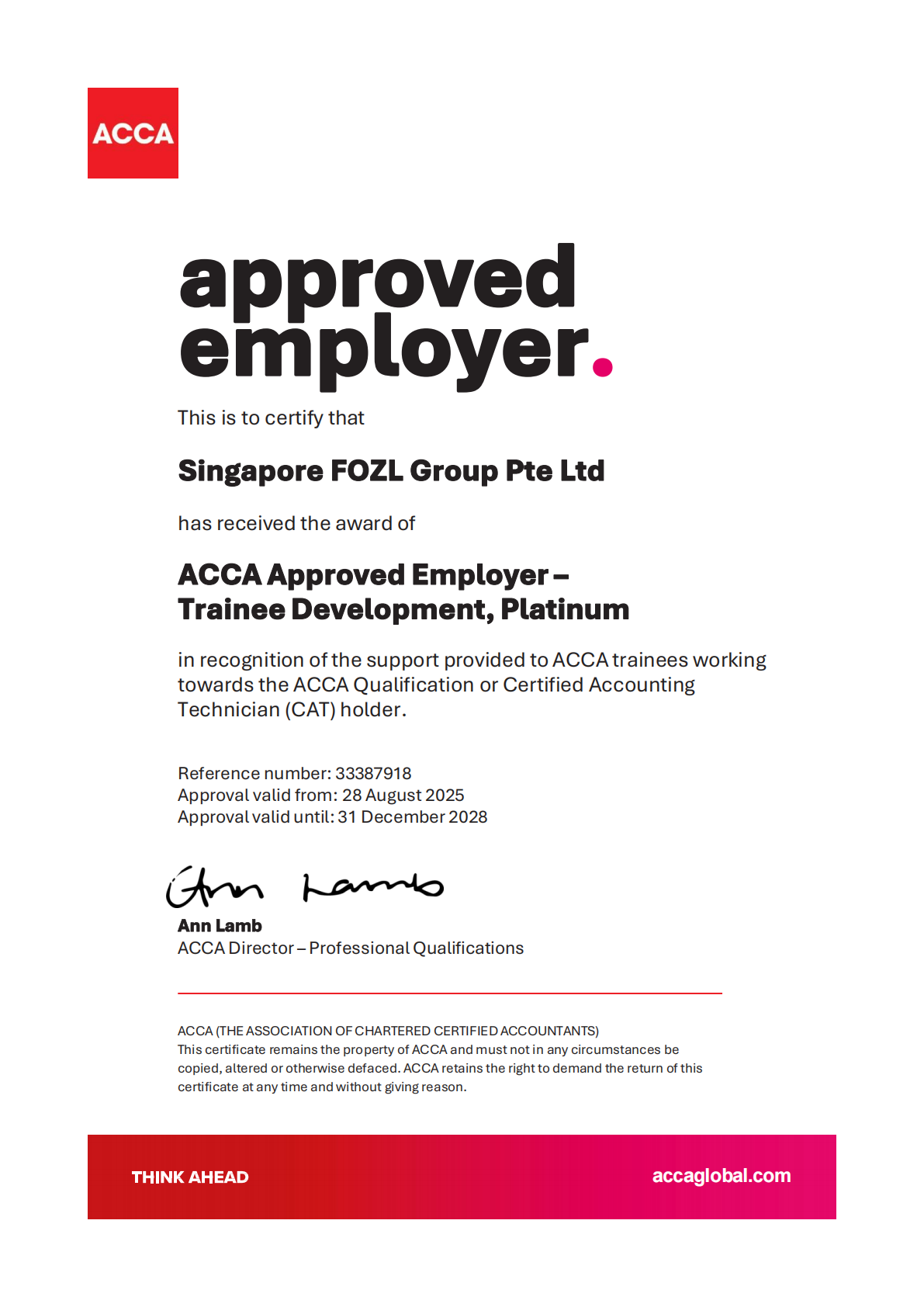 ACCA认可雇主培训发展白金级（Platinum）